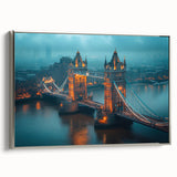Framed canvas depicting Tower Bridge in a vintage poster style, featuring a black and colorful palette.