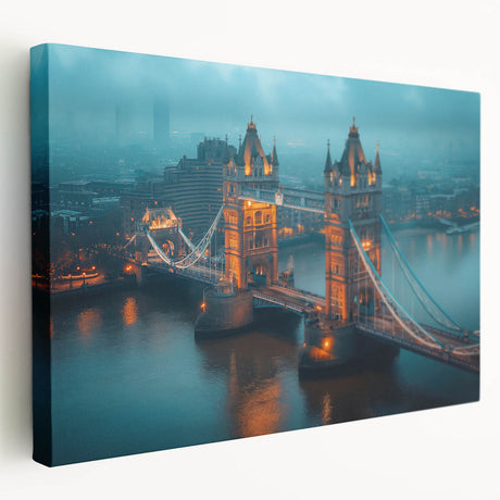 Side view of a large art piece depicting the Tower Bridge in muted blues and grays on stretched canvas.