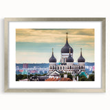 Extra large abstract art print depicting a textured European scenery in muted earth tones, framed in silver.