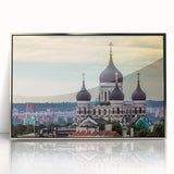 Large art print of a serene Estonian landscape on silver-framed acrylic, in mid-century modernist style.