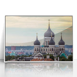 Mid-century modernist art of a European cityscape in Estonia, framed acrylic with muted hues, ideal for nursery wall decor.