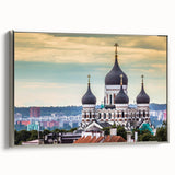 Framed canvas featuring a vintage-style landscape painting of an Estonian scenery in muted earth tones.