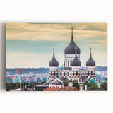 Black and white photo of a European cityscape on stretched canvas, ideal for kitchen wall art.