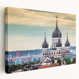 Side view of a stretched canvas featuring a European Estonian landscape in muted earth tones, ideal for kitchen wall art.