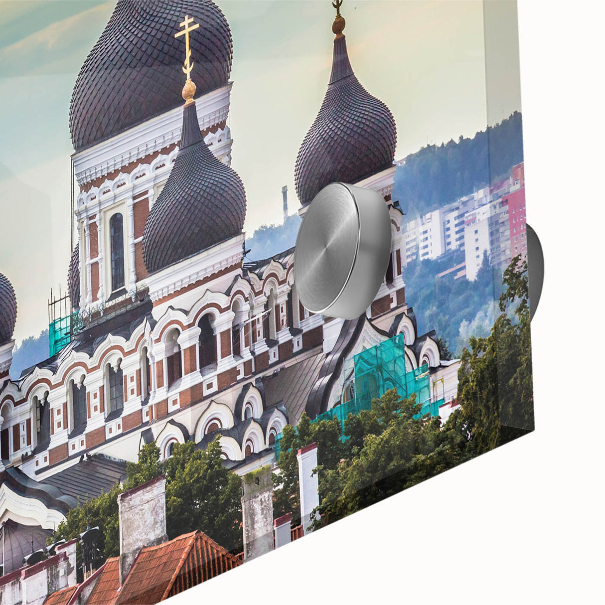 Large abstract wall art of an Estonian landscape in muted blues and greens on acrylic glass.