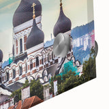 Large abstract wall art of an Estonian landscape in muted blues and greens on acrylic glass.