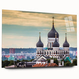 Large abstract wall art depicting a European Estonian landscape in muted earth tones on acrylic glass.