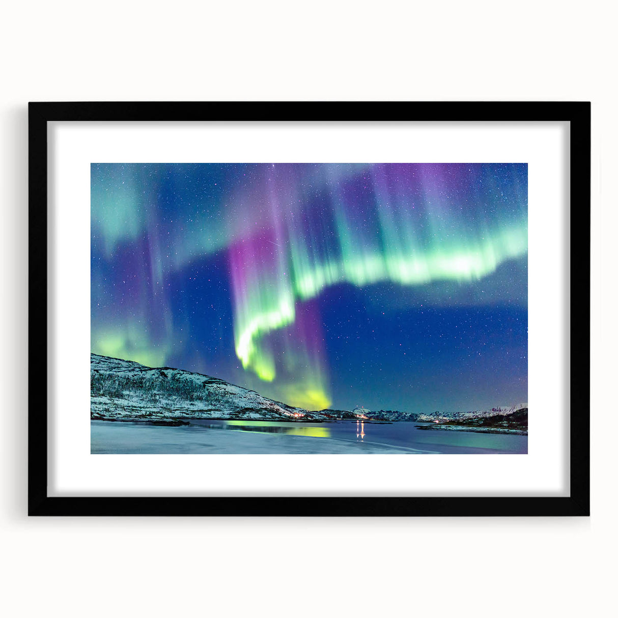 Extra large abstract art print featuring a textured, colorful depiction of a European scenery, framed in black.