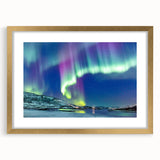 Abstract art print of a snowy Finnish landscape in muted white and blue tones, framed in gold.