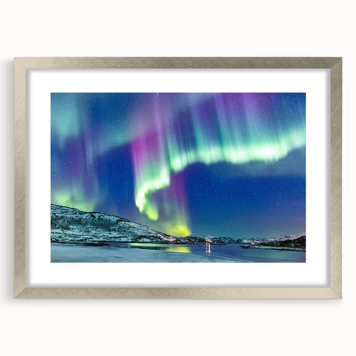 Extra large abstract art print of a textured European scenery in muted earth tones, framed in silver.
