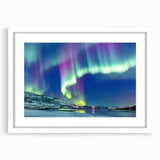 Textured abstract art print of a serene Finnish landscape in muted blues and greens, framed with a white mat.