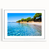 Textured abstract art print of a Corsican landscape in muted earth tones on a framed white mat, ideal for bedroom art.