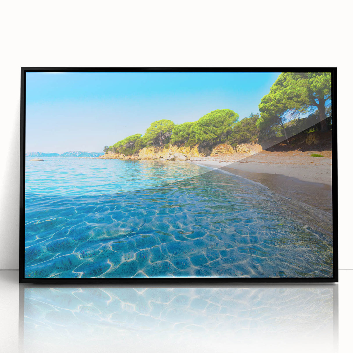 Large abstract wall art depicting a Corsican landscape in muted earth tones, framed in black acrylic.