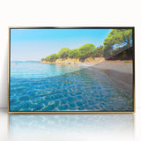 Art deco poster of a Corsican landscape in gold acrylic frame, ideal for modern art wall decor.