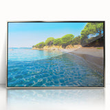 Large art print of a Corsican landscape in muted earth tones on silver-framed acrylic, ideal for modern art wall decor.