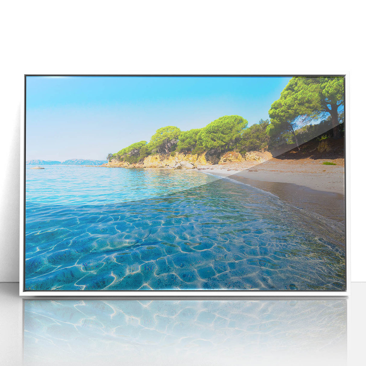 Mid-century modernist art of Corsican landscape in muted colors on framed acrylic, suitable for nursery wall art.