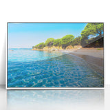 Mid-century modernist art of Corsican landscape in muted colors on framed acrylic, suitable for nursery wall art.