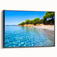 Black and white framed canvas of a Corsican landscape, ideal for bedroom decor.