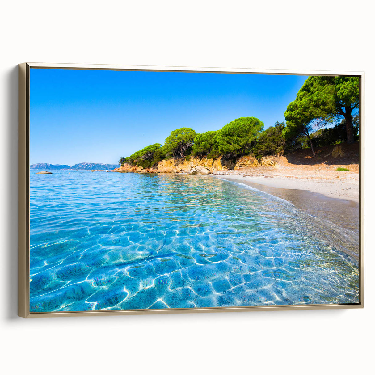 Framed canvas featuring a vintage-style landscape painting of Corsica with muted earth tones, ideal for bedroom wall art.