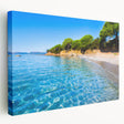 Large canvas print of a serene Corsican landscape in muted green and blue tones, suitable for kitchen wall art.