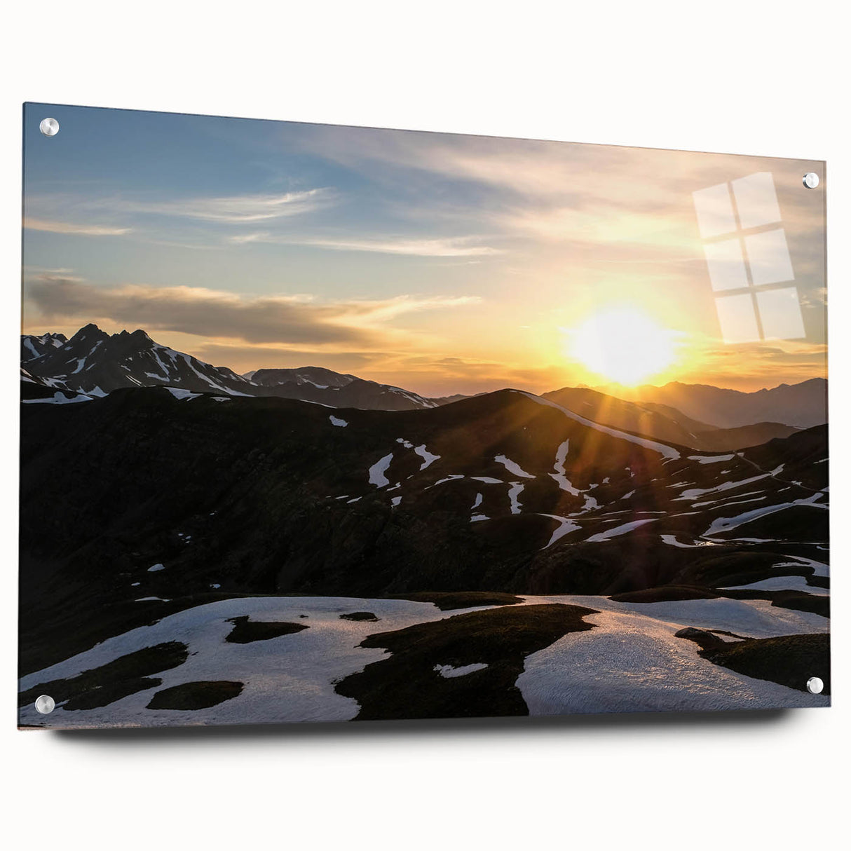Acrylic print of the French Alps in muted earth tones, suitable for bedroom or dining room decor.