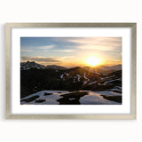 Extra large abstract art print of French Alps in textured silver frame, using cool blue and gray hues.
