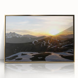 Art deco poster of French Alps in muted gold and blue tones, acrylic print framed, suitable for modern art wall decor.