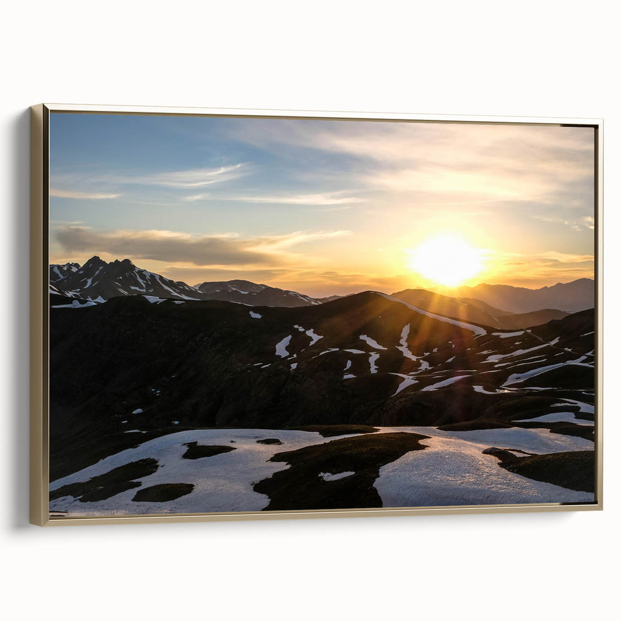 Framed canvas depicting the French Alps in a vintage poster style with a black and gold color scheme.