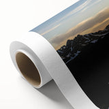 Art deco poster of the French Alps in muted blue and white tones on rolled canvas, suitable for nursery wall art.