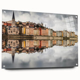 Acrylic print of Lyon cityscape in muted earth tones, ideal for dining room art.