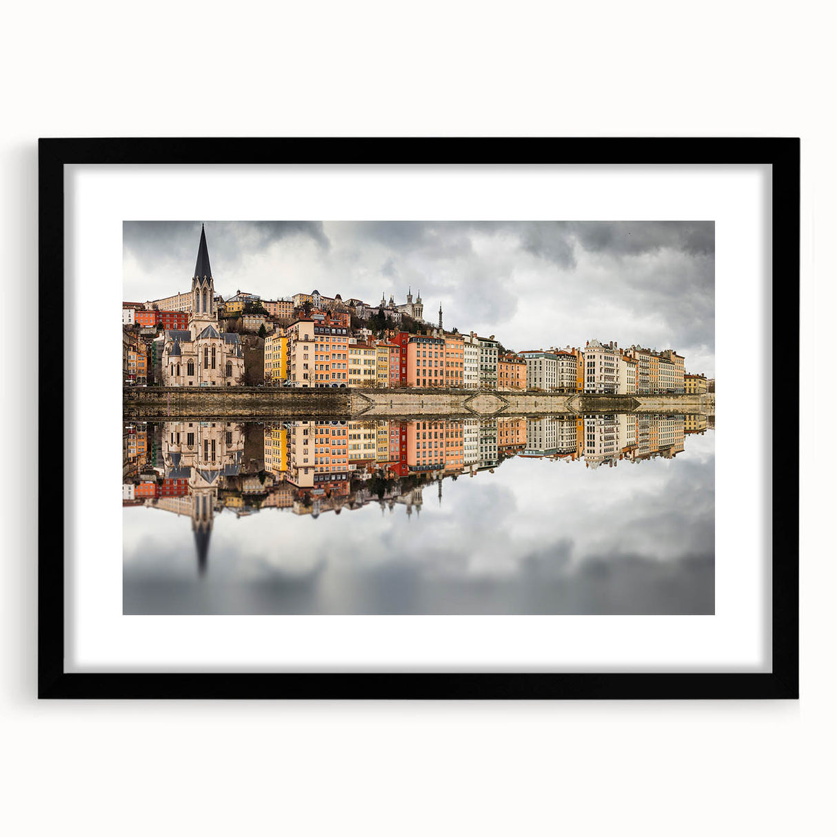 Abstract art print of Lyon scenery in vibrant colors on a textured, extra large canvas, ideal for living room decor.