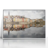 Mid-century modernist art depicting the Lyon cityscape in muted colors on a white-framed acrylic print.