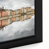Extra large framed canvas of a textured, colorful Lyon cityscape in black, ideal for living room decor.
