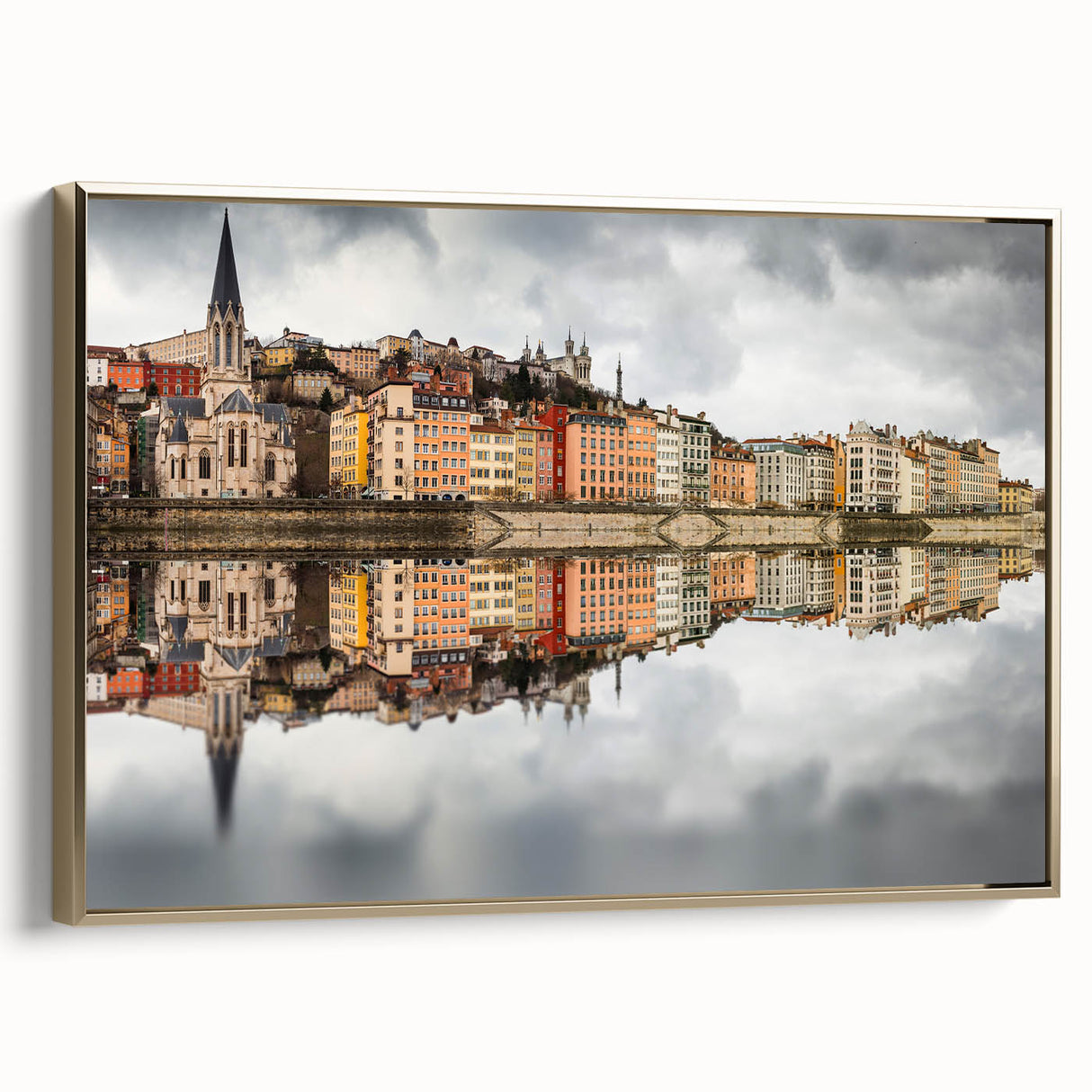 Framed canvas of a vintage-style landscape painting depicting Lyon, France, in muted gold and black tones.
