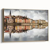 Framed canvas of a vintage-style landscape painting depicting Lyon, France, in muted gold and black tones.