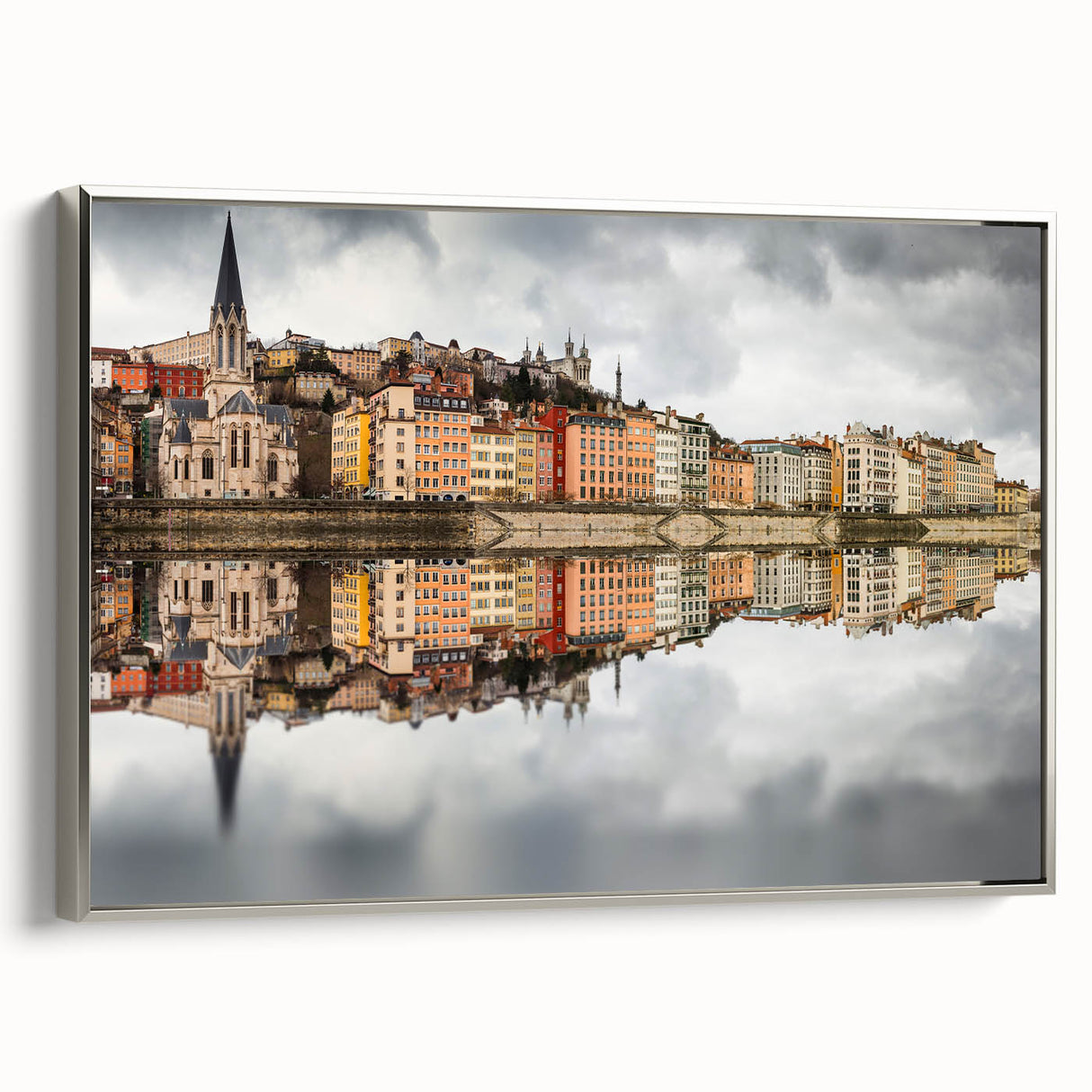 Framed canvas of a vintage-style Lyon landscape painting with colorful art on a black background.
