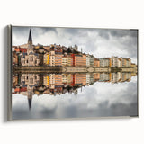 Framed canvas of a vintage-style Lyon landscape painting with colorful art on a black background.