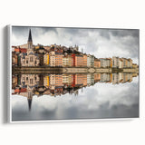 Vintage poster art of Lyon, France in vibrant colors on a large framed canvas, ideal for living room decor.