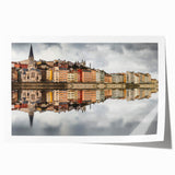 Extra large rolled print of a Lyon cityscape with vibrant floral elements, ideal for dining room wall art.