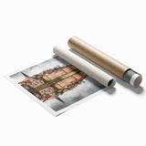 Extra large rolled print of Lyon, France scenery with floral elements in soft pastel colors.