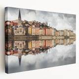 Large art depicting the Lyon cityscape in muted gray and blue tones on stretched canvas, ideal for kitchen wall art.