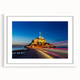 Abstract art print of a French landscape in muted blues and greens on a white framed canvas, suitable for dining room decor.