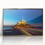 Art deco poster of a scenic French landscape in muted gold and green tones, acrylic framed, ideal for modern art wall decor.