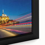 Extra large framed canvas of a textured Paris street scene in black with colorful art accents, ideal for living room decor.