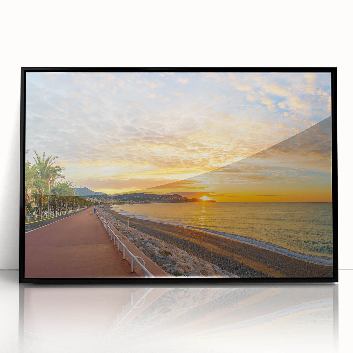 Large abstract wall art of Nice, France in black and white acrylic, framed, ideal for modern living room decor.