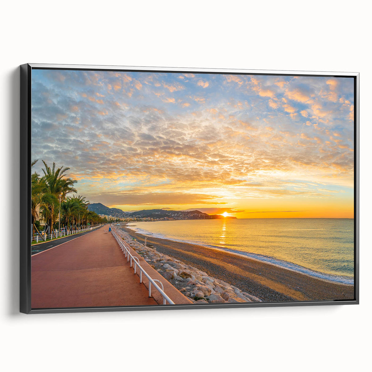 Black and white vintage poster art of Nice, France landscape on framed canvas, ideal for bedroom wall decor.