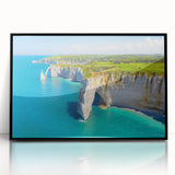 Large abstract wall art depicting a mid-century modernist scene of Normandy, France in muted earth tones on a framed acrylic.