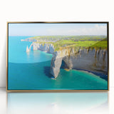 Art deco poster of Normandy scenery in muted gold and blue tones on framed acrylic, ideal for modern art wall decor.