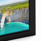 Extra large framed canvas depicting a textured, colorful scene of Normandy with predominately black tones.