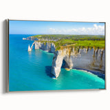 Landscape art painting of Normandy in muted greens and blues on a framed canvas, ideal for enhancing a living room or study.